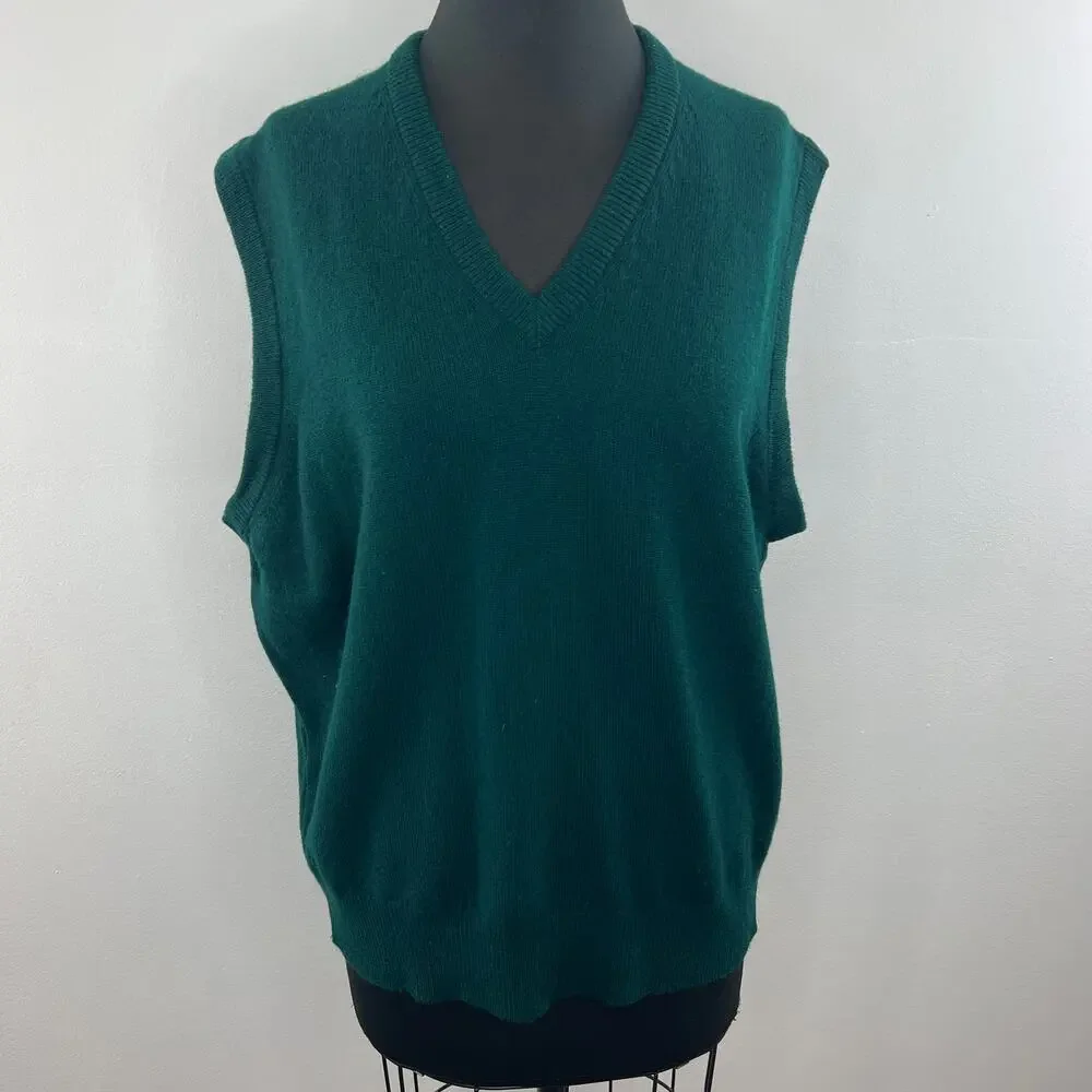 VINTAGE L.L Bean Green Sleeveless V-Neck Lambswool Pullover Sweater Vest L Large